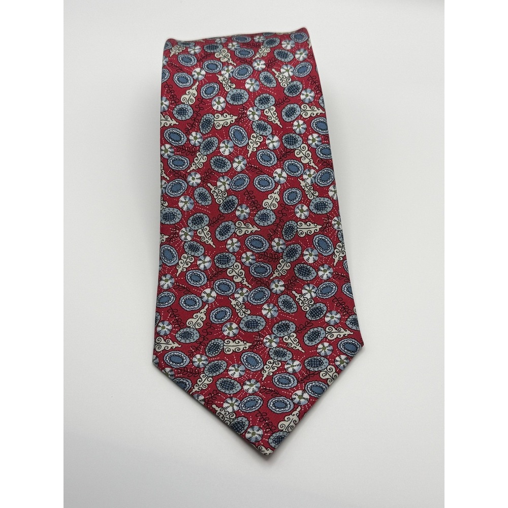 Vintage Hermes Paris 7710 OA 100% Silk Tie Made France Red Blue 3.5"
